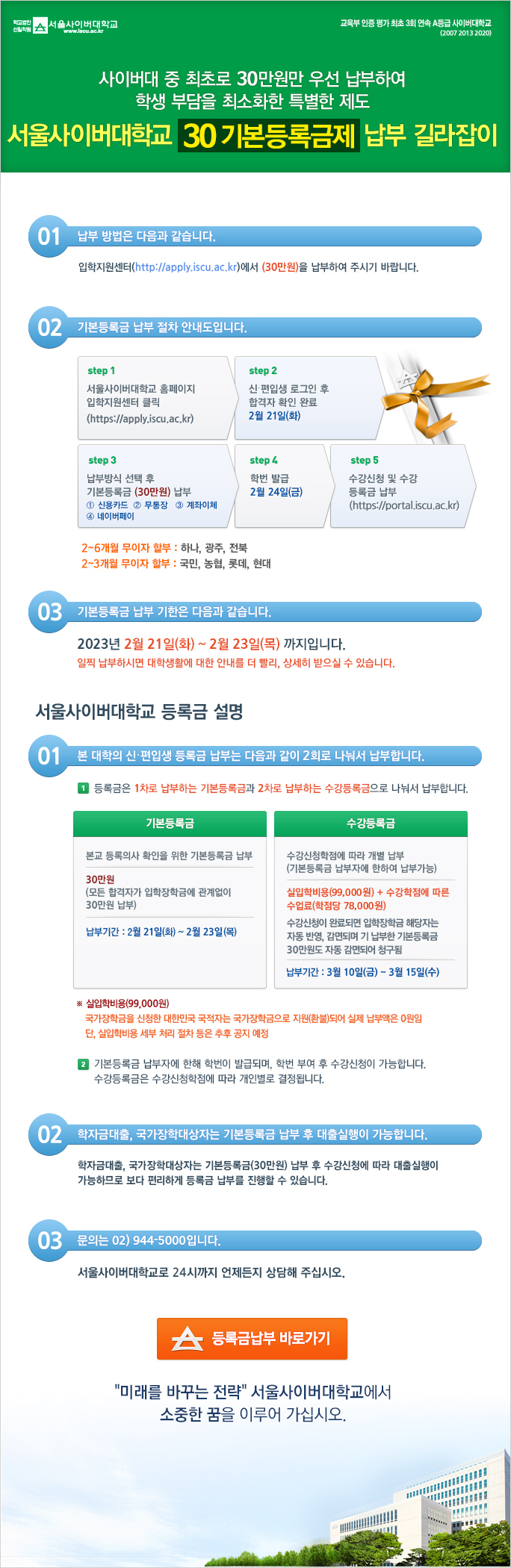 서울사이버대학교 30 기본등록금제 납부 길라잡이 - 아래내용참조